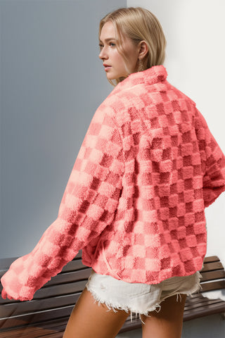 PREORDER Double Take Checkered Long Sleeve Fuzzy Jacket