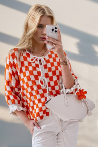 PREORDER Tied Checkered Dropped Shoulder Flounce Sleeve Cardigan 6 colors