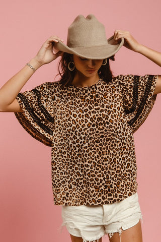 Leopard Crochet Trim Round Neck Short Sleeve Top