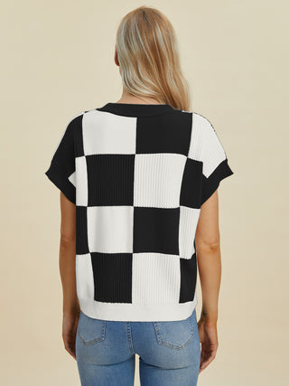 PREORDER Checkered Round Neck Short Sleeve Sweater 4 Colors