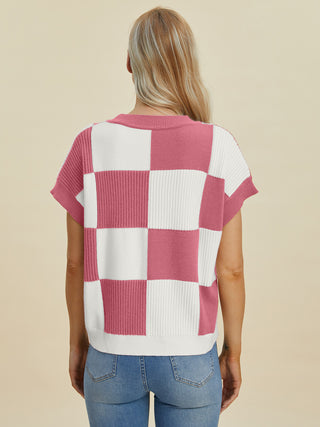 PREORDER Checkered Round Neck Short Sleeve Sweater 4 Colors