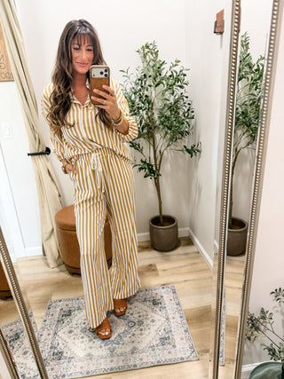 Full Size Striped Puff Sleeve Shirt and Wide-Leg Drawstring Pants Set Plus Size