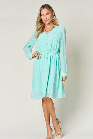 PREORDER Printed Ruched V-Neck Long Sleeve Dress