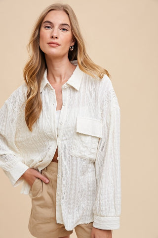 Openwork Button Down Drop Shoulder Shirt