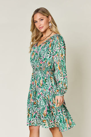 PREORDER Printed Drawstring Waist Long Sleeve Dress 2 Colors