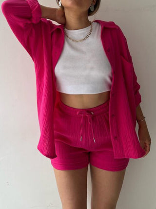 Preorder Texture Button Up Shirt and Drawstring Shorts Set 10 Colors