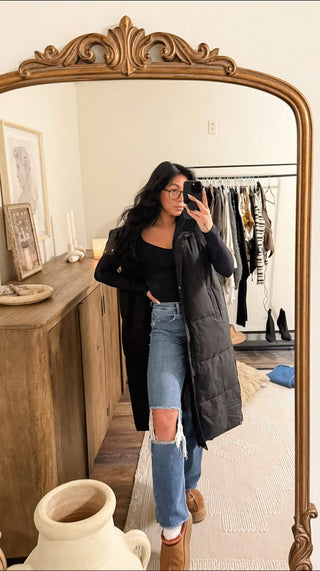 Thick DOWN Hooded longline vest with Pockets 2 colors Pre-Order