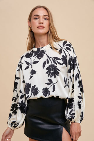 Frill Printed Balloon Sleeve Blouse