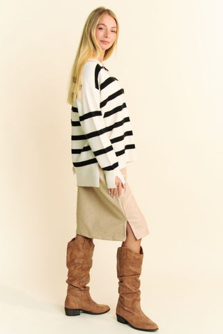 High-Low Side Slit Striped Johnny Collar Sweater