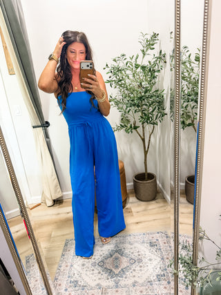 Blue Tube Top Jumpsuit with Drawstring Waist