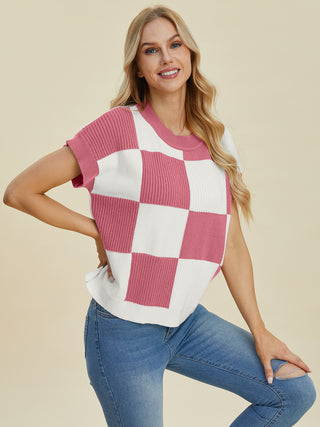 PREORDER Checkered Round Neck Short Sleeve Sweater 4 Colors