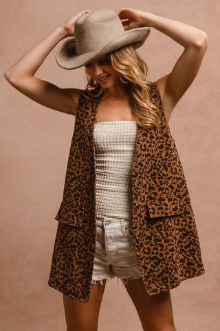 Leopard Button Up Denim Vest