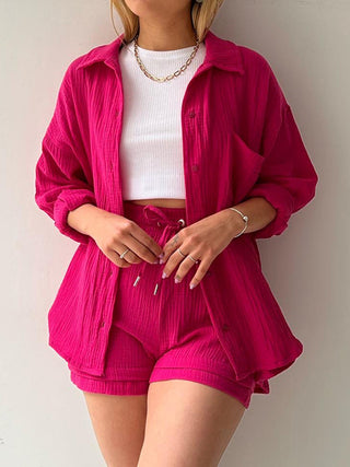 Preorder Texture Button Up Shirt and Drawstring Shorts Set 10 Colors