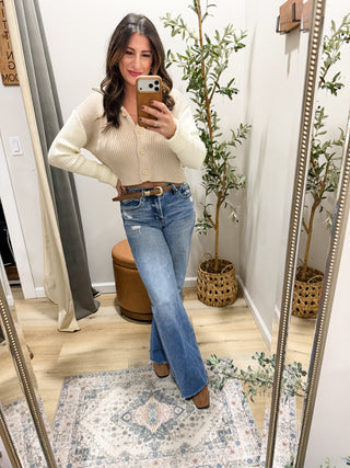 Contrasting Sleeves Button Cardigan