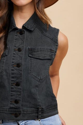 Collared Neck Button Down Denim Vest