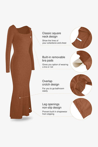 PREORDER Built-In Shapewear Square Neck Long Sleeve Maxi Dress