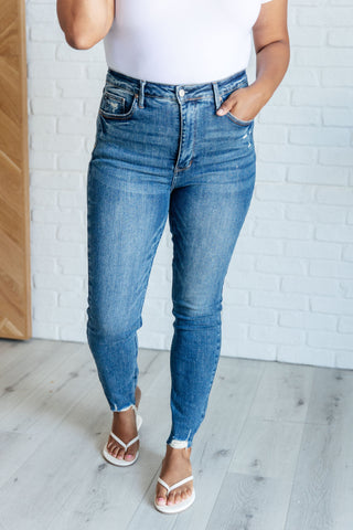 JUDY BLUE Alba High Rise Control Top Distressed Hem Skinny Jeans