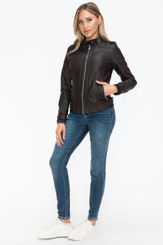 PU Leather Biker Jacket with Side Zip Pockets