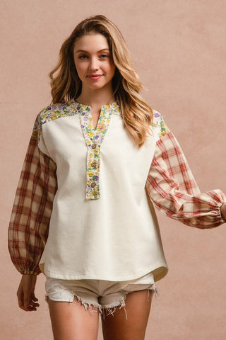 Floral Notched Plaid Balloon Sleeve Top