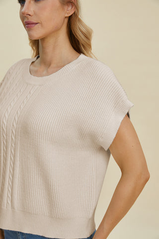 Cable-Knit Round Neck Short Sleeve Sweater