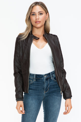 PU Leather Biker Jacket with Side Zip Pockets