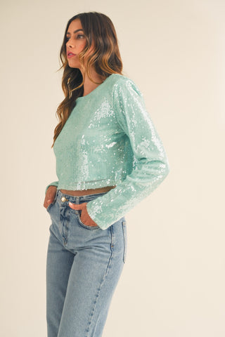 Shoulder Padded Sequin Crop Top