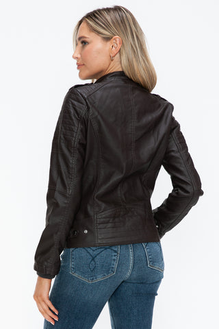 PU Leather Biker Jacket with Side Zip Pockets