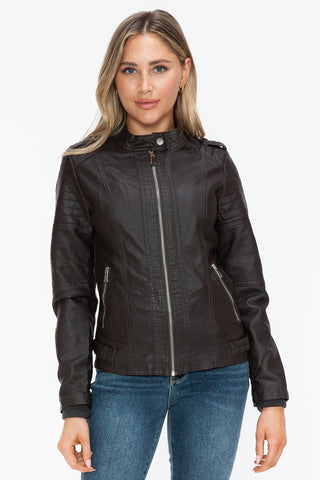 PU Leather Biker Jacket with Side Zip Pockets