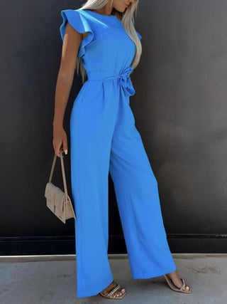 PREORDER Ruffled Round Neck Cap Sleeve Jumpsuit