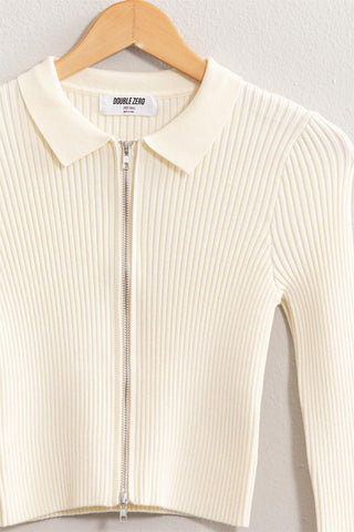 Ribbed Double Zip Cropped Cardigan cream