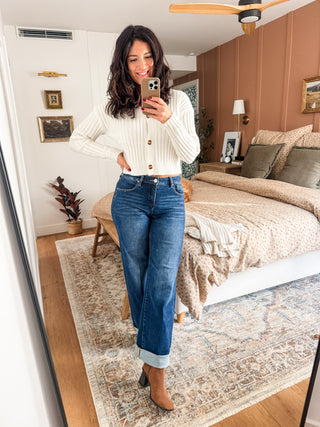 RISEN Tummy Control High Rise Wide Leg Cuffed Jeans