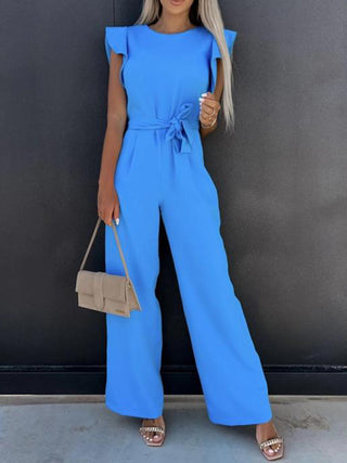 PREORDER Ruffled Round Neck Cap Sleeve Jumpsuit