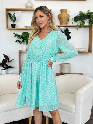 PREORDER Printed Ruched V-Neck Long Sleeve Dress