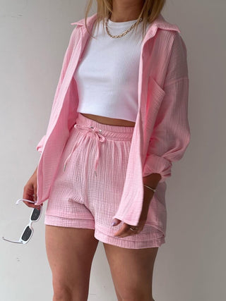 Preorder Texture Button Up Shirt and Drawstring Shorts Set 10 Colors