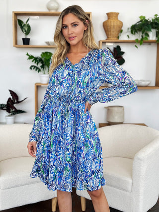 PREORDER Printed Drawstring Waist Long Sleeve Dress 2 Colors