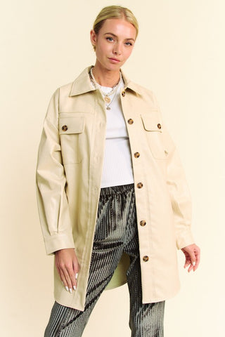 Faux Leather Button Up Jacket with Chest Pockets