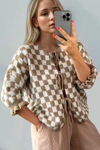 PREORDER Tied Checkered Dropped Shoulder Flounce Sleeve Cardigan 6 colors