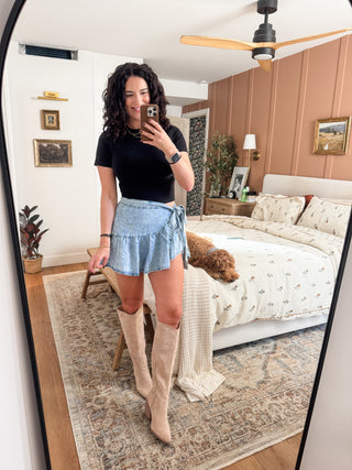 PREORDER Ruffled Hem High Waist Bow Tie Denim Skirt
