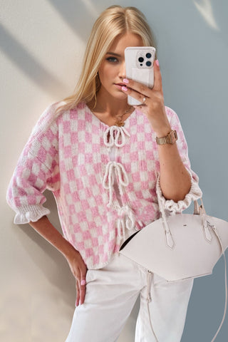 PREORDER Tied Checkered Dropped Shoulder Flounce Sleeve Cardigan 6 colors