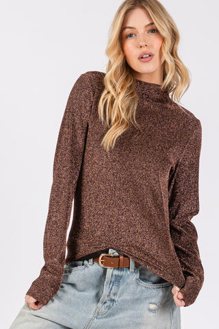 Glitter Mock Neck Lettuce Hem Long Sleeve Top