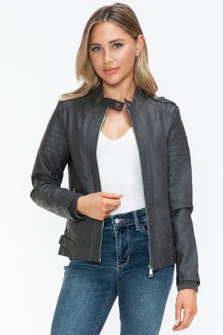 PU Leather Biker Jacket with Side Zip Pockets