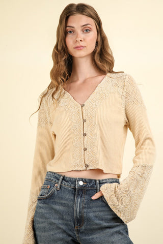 V-Neck Lace Detail Button Down Crop Ribbed Knit Top