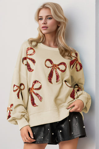 PREORDER Christmas Bow Sequin Round Neck Dropped Shoulder Sweatshirt 2 Colors