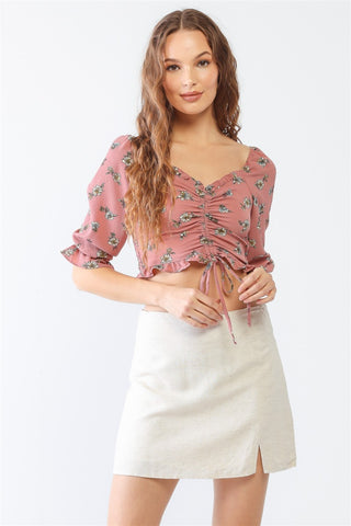 Floral Ruffle Smocked Back Ruched Crop Top 3 Colors