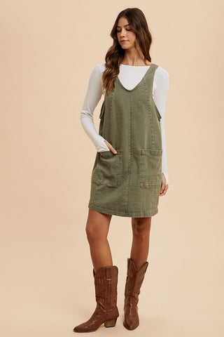 V-Neck Adjustable Strap Denim Overall Dress with Pockets