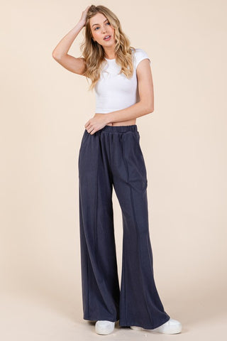 Elastic Waist Wide Leg Pants with Pockets