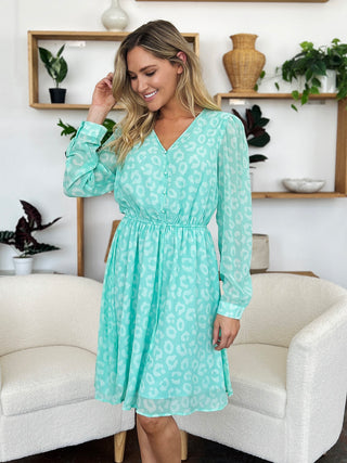 PREORDER Printed Ruched V-Neck Long Sleeve Dress