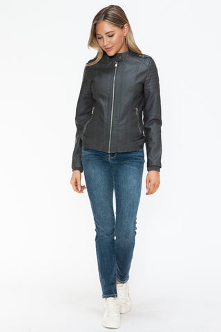 PU Leather Biker Jacket with Side Zip Pockets