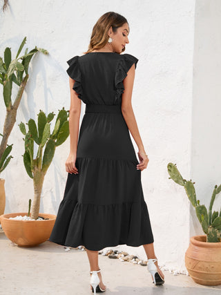 PREORDER Tiered Ruffled V-Neck Cap Sleeve Dress 4 Colors