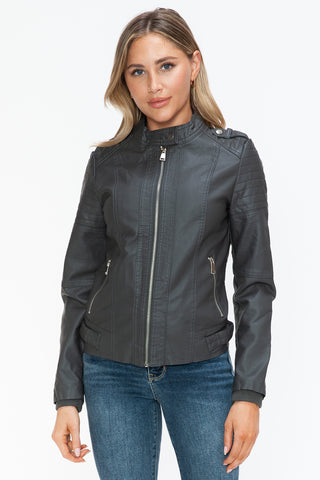 PU Leather Biker Jacket with Side Zip Pockets